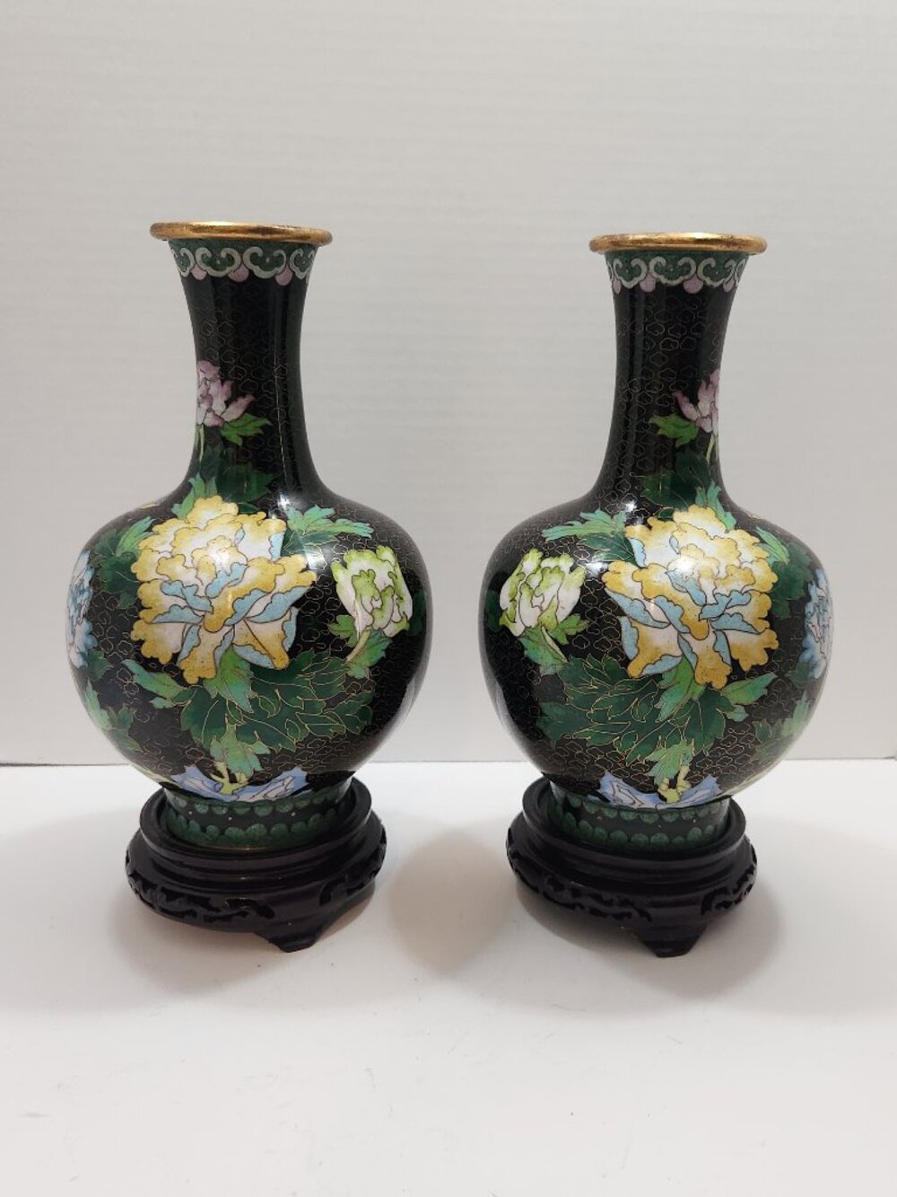 Vintage Chinese Black Cloisonne 10.5" Vases Symmetrical Facing Set of 2 W/Stands